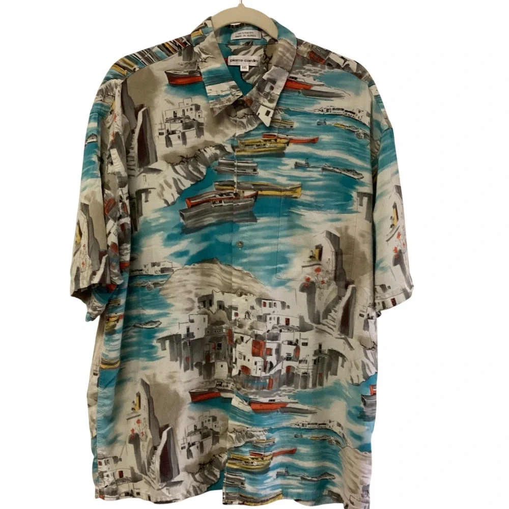 Pierre Cardin Mens XXL Rayon Button Down Shirt Coastal‎ Boat Harbor Scenic Print